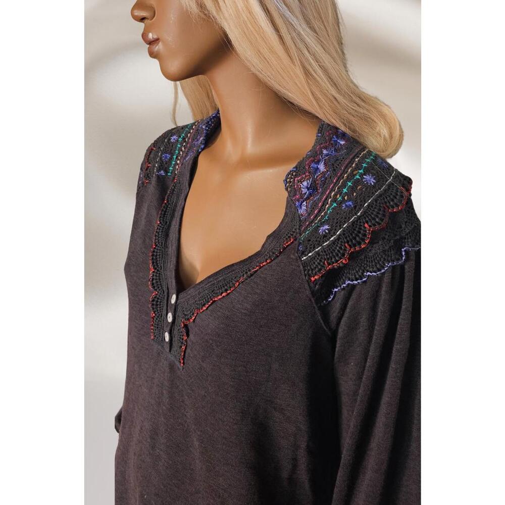 Free People Embroidered V-Neck Long Sleeve Top